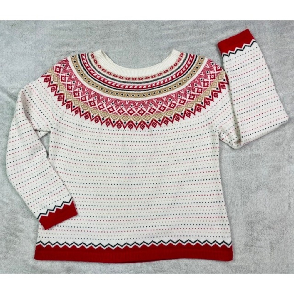 Talbots Fair Isle Sweater Women XL Lambswool Blend Red White Yoke Knit Pullover